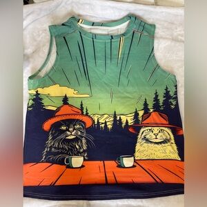 Unique pop, art, retro style camping, cats having coffee, tank top, unisex, M